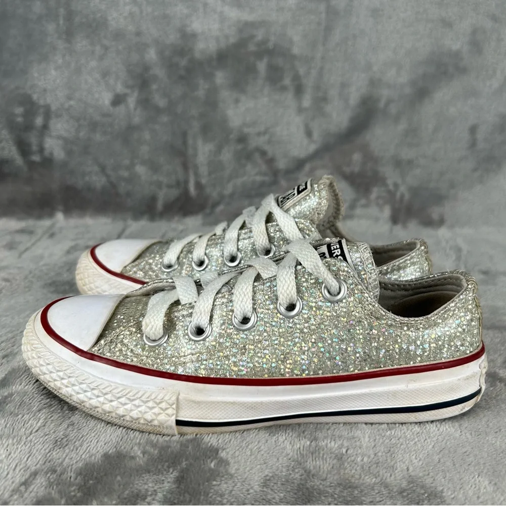 Converse All Stars Little Girls 11 Silver Glitter Chuck‎ Taylors Glam Sparkles